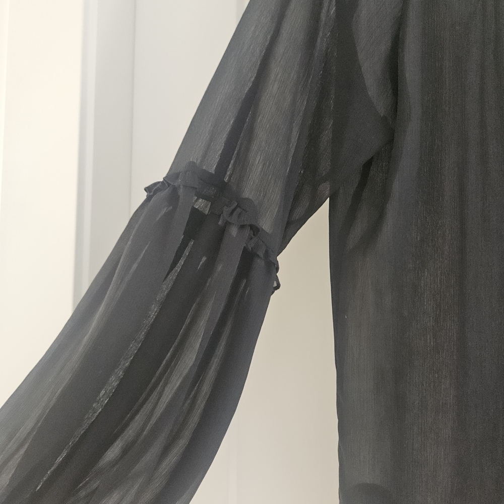 Black Ruffled Sheer Blouse Long Sleeve Business Medium - Picture 2 of 4
